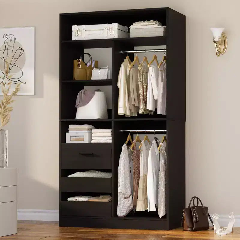 Besiost 36-In Closet Organizer with Wood Drawers, Freestanding Closet System with Hanging Rods