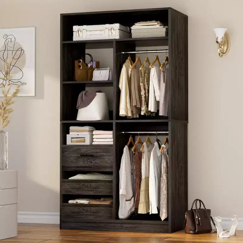 Besiost 36-In Closet Organizer with Wood Drawers, Freestanding Closet System with Hanging Rods