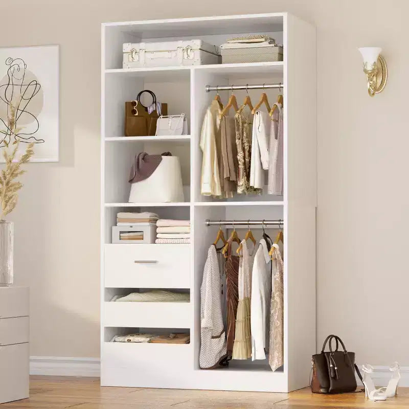Besiost 36-In Closet Organizer with Wood Drawers, Freestanding Closet System with Hanging Rods