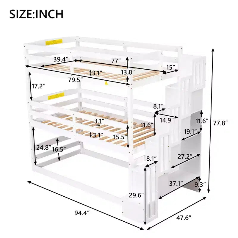 Whisen Twin Size Triple Bunk Bed with Storage Staircase, Separate Design