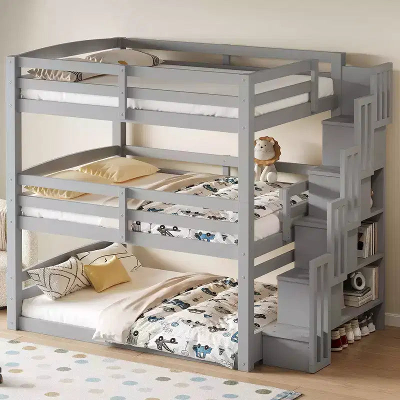 Whisen Twin Size Triple Bunk Bed with Storage Staircase, Separate Design