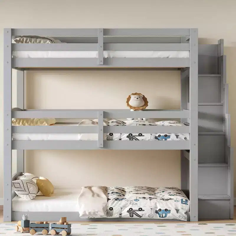 Whisen Twin Size Triple Bunk Bed with Storage Staircase, Separate Design