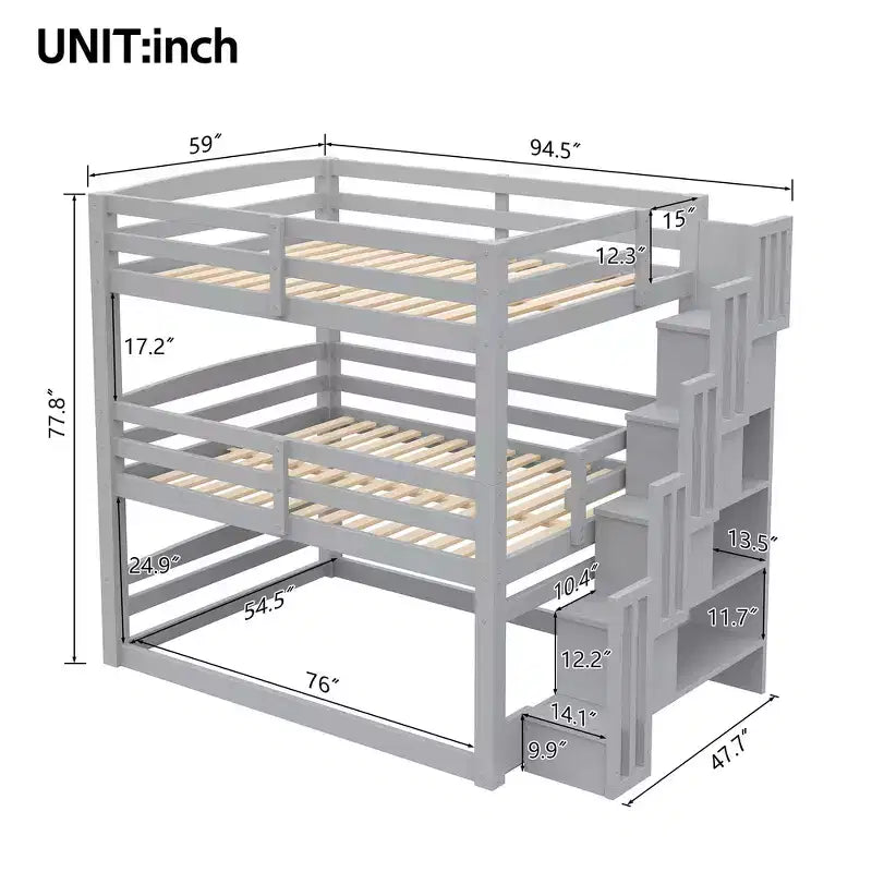 Whisen Twin Size Triple Bunk Bed with Storage Staircase, Separate Design