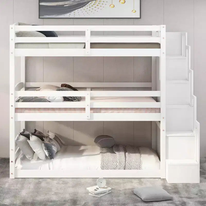 Whisen Twin Size Triple Bunk Bed with Storage Staircase, Separate Design