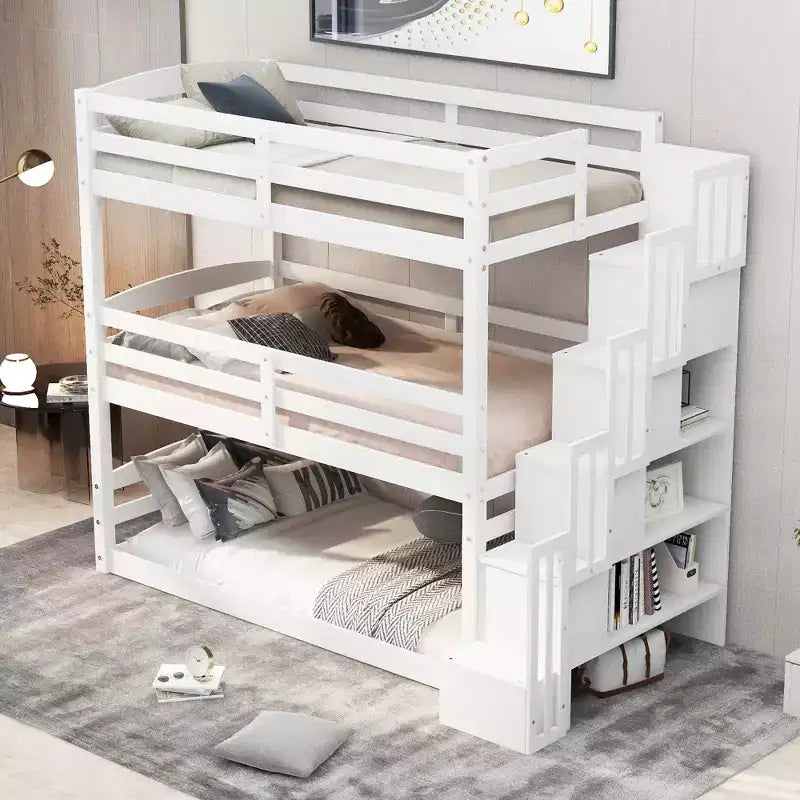 Whisen Twin Size Triple Bunk Bed with Storage Staircase, Separate Design