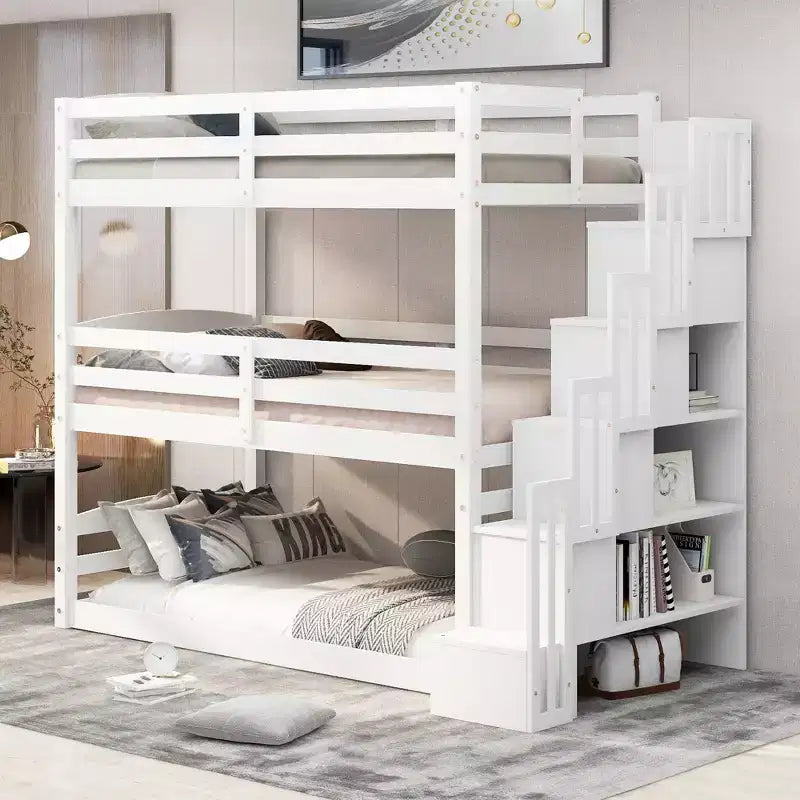 Whisen Twin Size Triple Bunk Bed with Storage Staircase, Separate Design