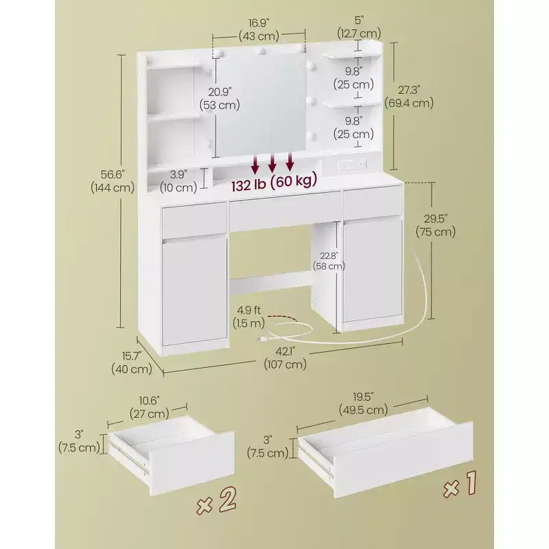 Vanity Desk with 9 LED Lights & Power Outlets, 43.3 Inch Makeup Table with 2 Cabinets, 3 Drawers & 8 Compartments, Dressing Table, Cloud White