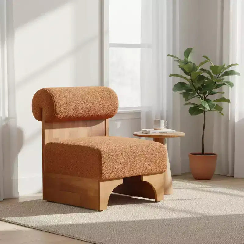 Homy Casa Accent Chair with Rolled Backrest and Solid Wood Base, Boucle Upholstery