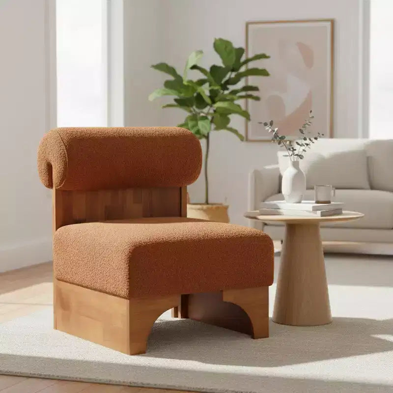 Homy Casa Accent Chair with Rolled Backrest and Solid Wood Base, Boucle Upholstery