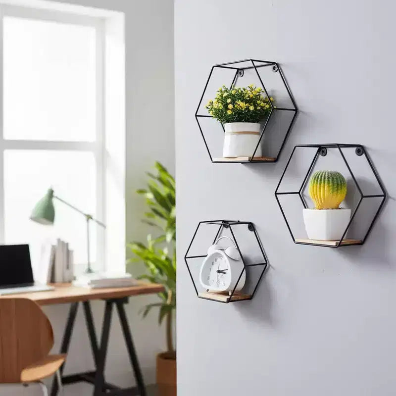 Homy Casa Wall Mounted Metal & Wood Floating Shelves Set of 3, Black