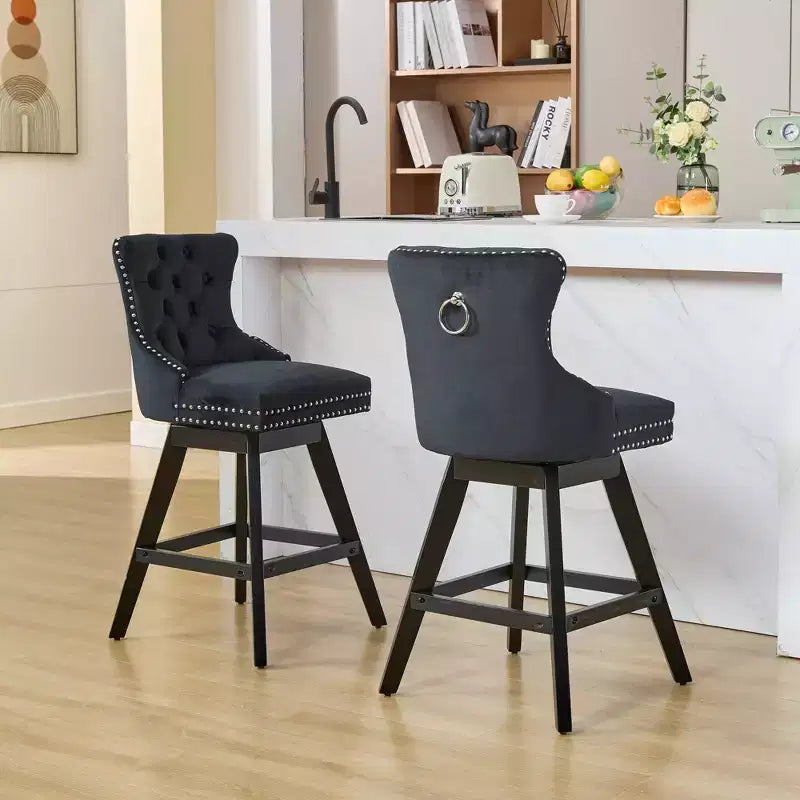 Okak Swivel Bar Stools Set of 2, Upholstered Velvet Stools with Button Tufting and Chrome Nailhead Trim, Leisure Style Counter Height Stools