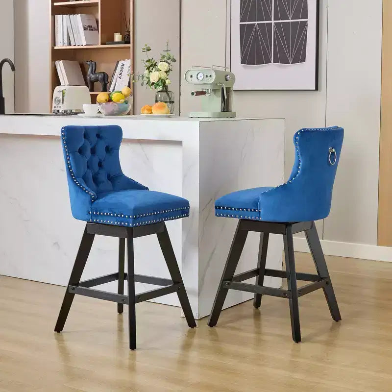 Okak Swivel Bar Stools Set of 2, Upholstered Velvet Stools with Button Tufting and Chrome Nailhead Trim, Leisure Style Counter Height Stools