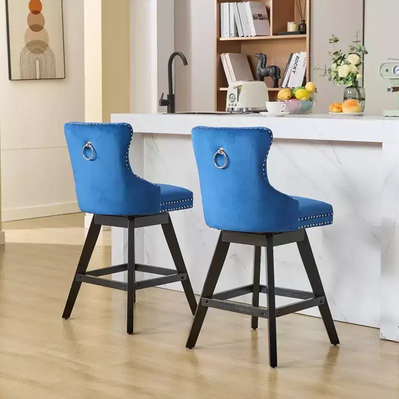 Okak Swivel Bar Stools Set of 2, Upholstered Velvet Stools with Button Tufting and Chrome Nailhead Trim, Leisure Style Counter Height Stools