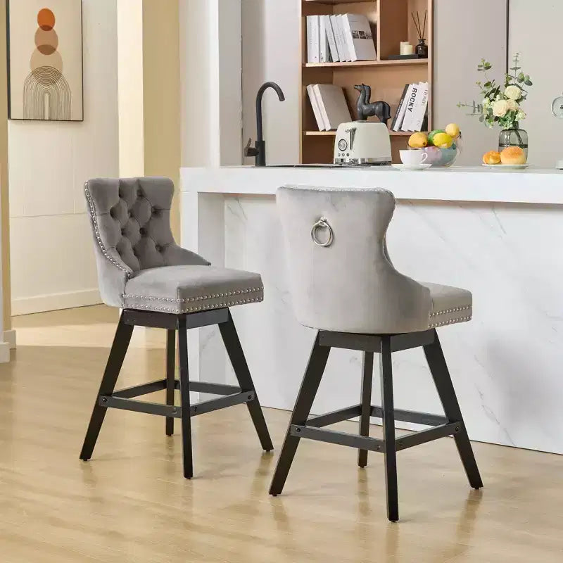 Okak Swivel Bar Stools Set of 2, Upholstered Velvet Stools with Button Tufting and Chrome Nailhead Trim, Leisure Style Counter Height Stools