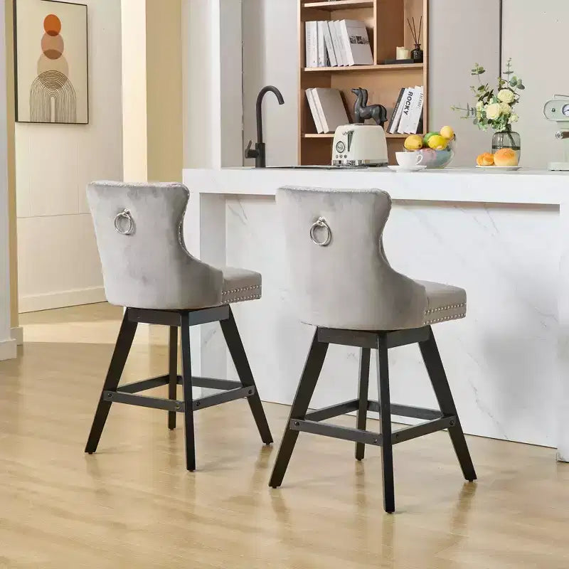 Okak Swivel Bar Stools Set of 2, Upholstered Velvet Stools with Button Tufting and Chrome Nailhead Trim, Leisure Style Counter Height Stools