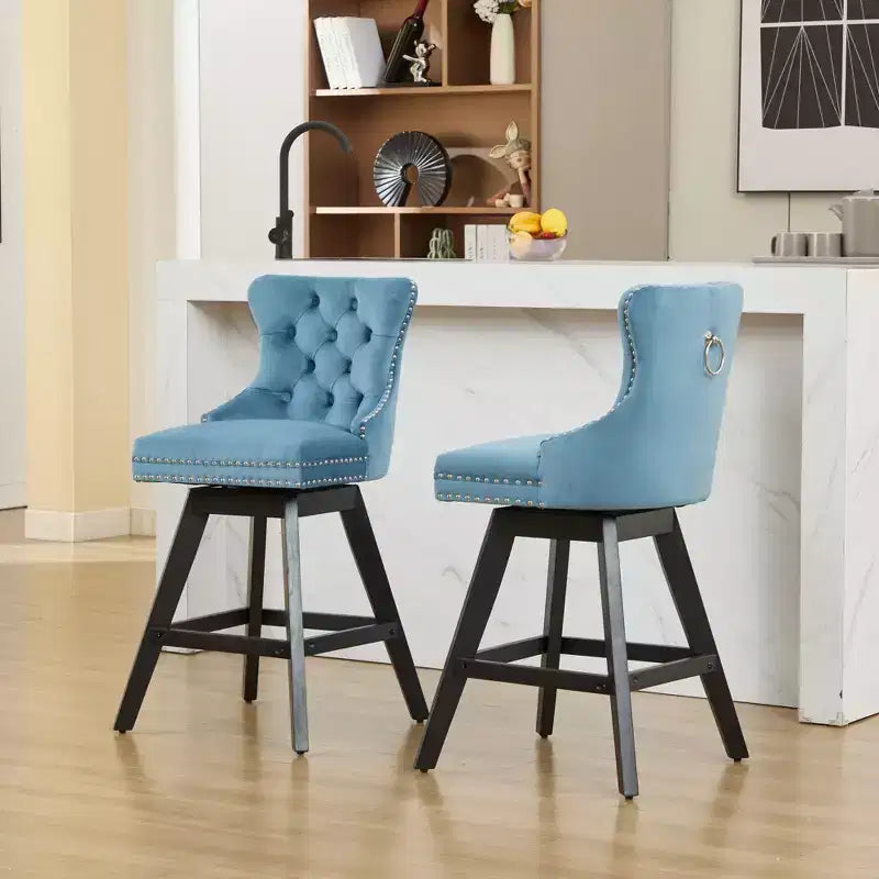 Okak Swivel Bar Stools Set of 2, Upholstered Velvet Stools with Button Tufting and Chrome Nailhead Trim, Leisure Style Counter Height Stools