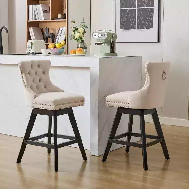 Okak Swivel Bar Stools Set of 2, Upholstered Velvet Stools with Button Tufting and Chrome Nailhead Trim, Leisure Style Counter Height Stools