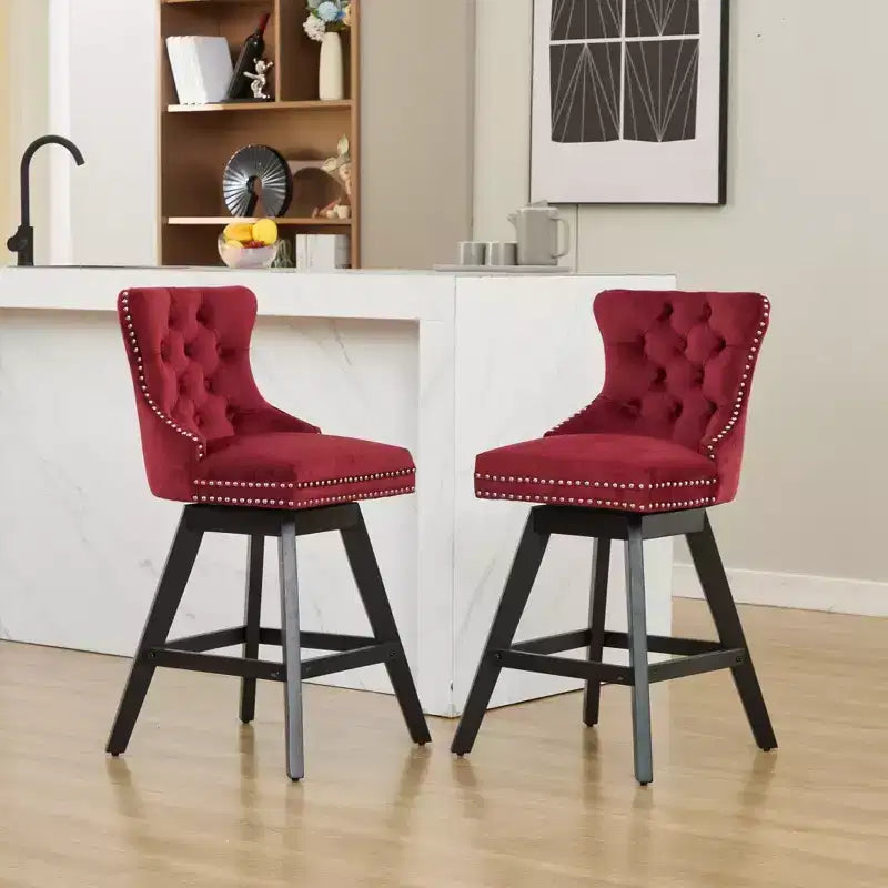 Okak Swivel Bar Stools Set of 2, Upholstered Velvet Stools with Button Tufting and Chrome Nailhead Trim, Leisure Style Counter Height Stools