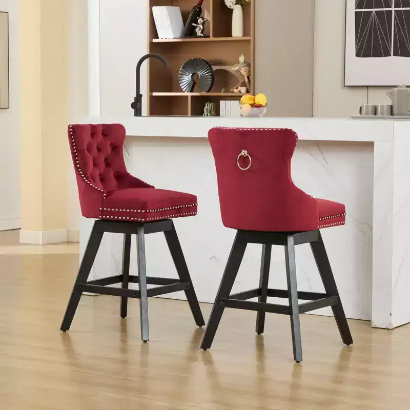 Okak Swivel Bar Stools Set of 2, Upholstered Velvet Stools with Button Tufting and Chrome Nailhead Trim, Leisure Style Counter Height Stools