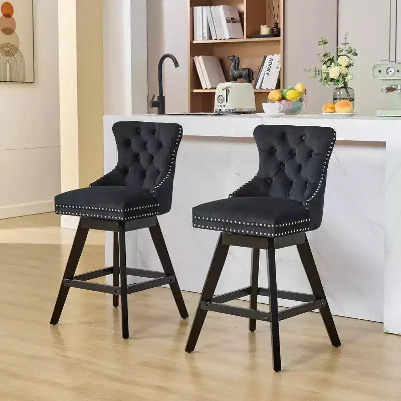 Okak Swivel Bar Stools Set of 2, Upholstered Velvet Stools with Button Tufting and Chrome Nailhead Trim, Leisure Style Counter Height Stools