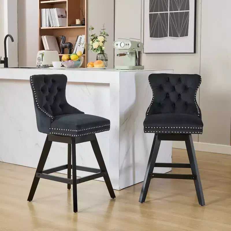 Okak Swivel Bar Stools Set of 2, Upholstered Velvet Stools with Button Tufting and Chrome Nailhead Trim, Leisure Style Counter Height Stools