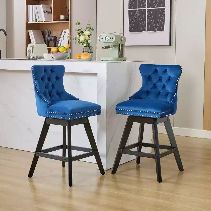 Okak Swivel Bar Stools Set of 2, Upholstered Velvet Stools with Button Tufting and Chrome Nailhead Trim, Leisure Style Counter Height Stools