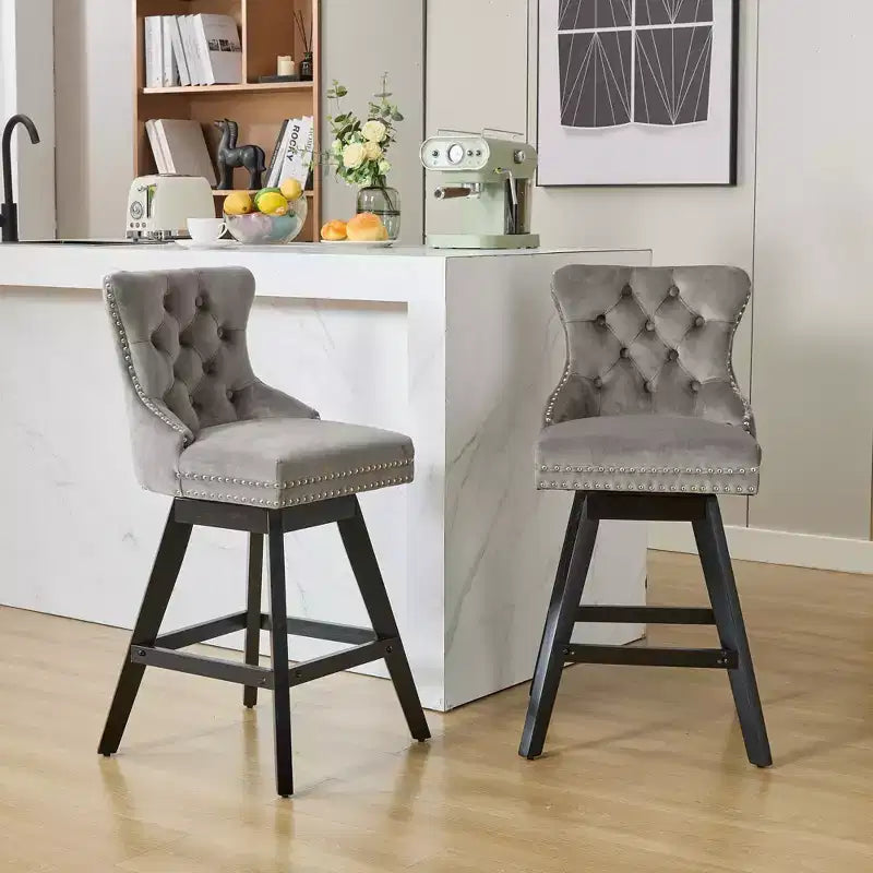 Okak Swivel Bar Stools Set of 2, Upholstered Velvet Stools with Button Tufting and Chrome Nailhead Trim, Leisure Style Counter Height Stools