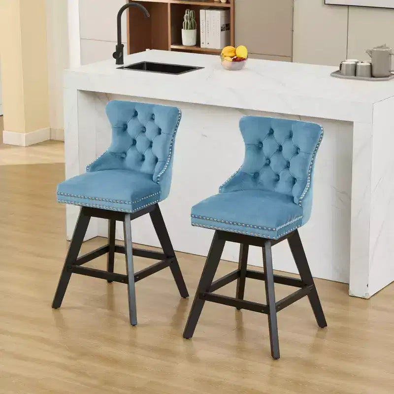 Okak Swivel Bar Stools Set of 2, Upholstered Velvet Stools with Button Tufting and Chrome Nailhead Trim, Leisure Style Counter Height Stools
