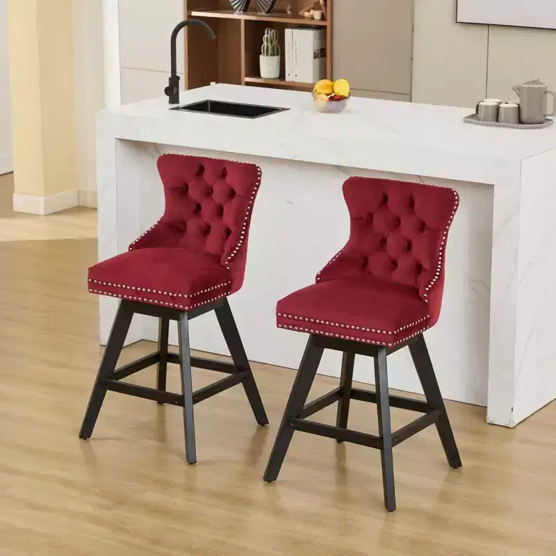 Okak Swivel Bar Stools Set of 2, Upholstered Velvet Stools with Button Tufting and Chrome Nailhead Trim, Leisure Style Counter Height Stools