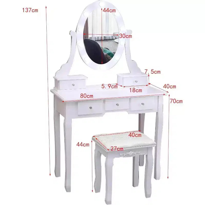 Vanity Desk, Girls Vanity Set with Lighted Mirror and Stool, Makeup Table with 5 Drawers,Vanity Dressing Table