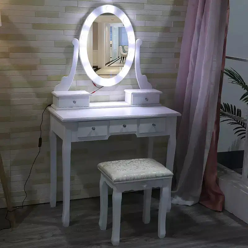 Vanity Desk, Girls Vanity Set with Lighted Mirror and Stool, Makeup Table with 5 Drawers,Vanity Dressing Table