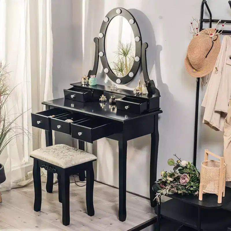Vanity Desk, Girls Vanity Set with Lighted Mirror and Stool, Makeup Table with 5 Drawers,Vanity Dressing Table