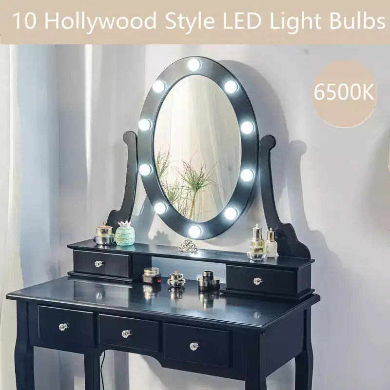 Vanity Desk, Girls Vanity Set with Lighted Mirror and Stool, Makeup Table with 5 Drawers,Vanity Dressing Table