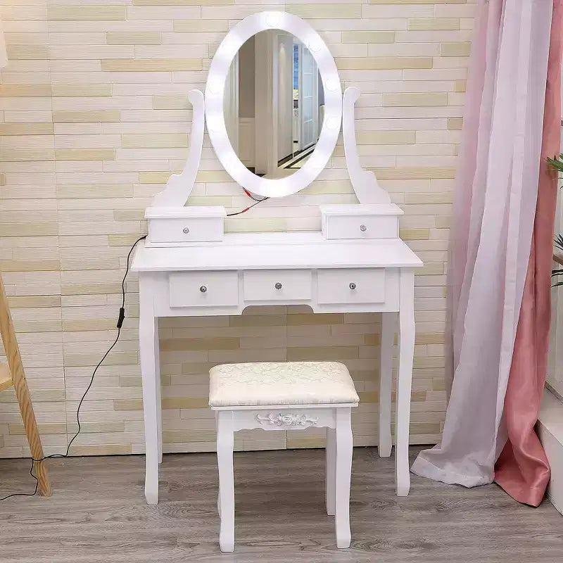 Vanity Desk, Girls Vanity Set with Lighted Mirror and Stool, Makeup Table with 5 Drawers,Vanity Dressing Table
