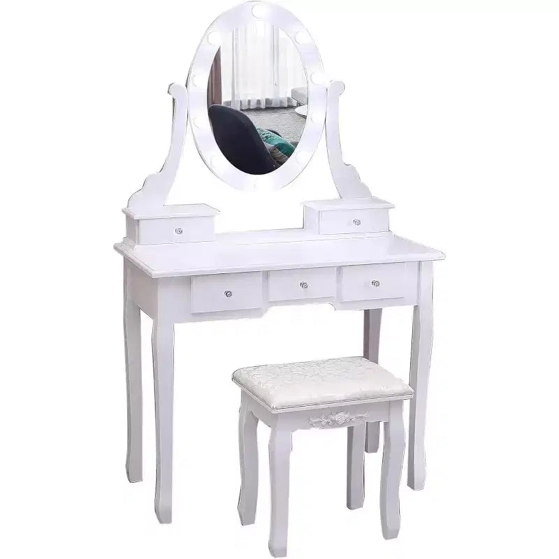 Vanity Desk, Girls Vanity Set with Lighted Mirror and Stool, Makeup Table with 5 Drawers,Vanity Dressing Table