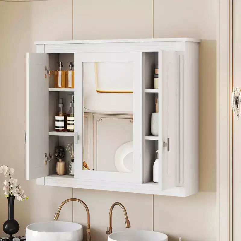 MAYEERTY 35 Bathroom Medicine Cabinet with 5 Closed & Adjustable Shelves Bathroom Wall Mounted Storage Cabinet with Glass Doors White