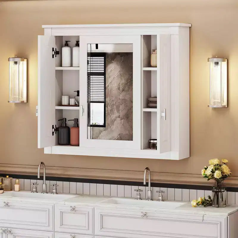 MAYEERTY 35 Bathroom Medicine Cabinet with 5 Closed & Adjustable Shelves Bathroom Wall Mounted Storage Cabinet with Glass Doors White