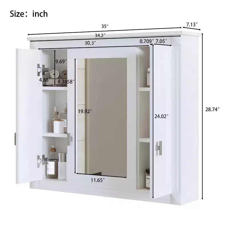 MAYEERTY 35 Bathroom Medicine Cabinet with 5 Closed & Adjustable Shelves Bathroom Wall Mounted Storage Cabinet with Glass Doors White
