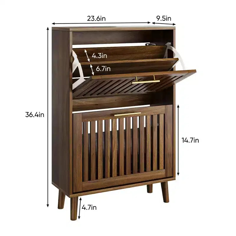 GDFStudio Alaric Modern Wooden Fence Shoe Cabinet with 2 Flip Drawers