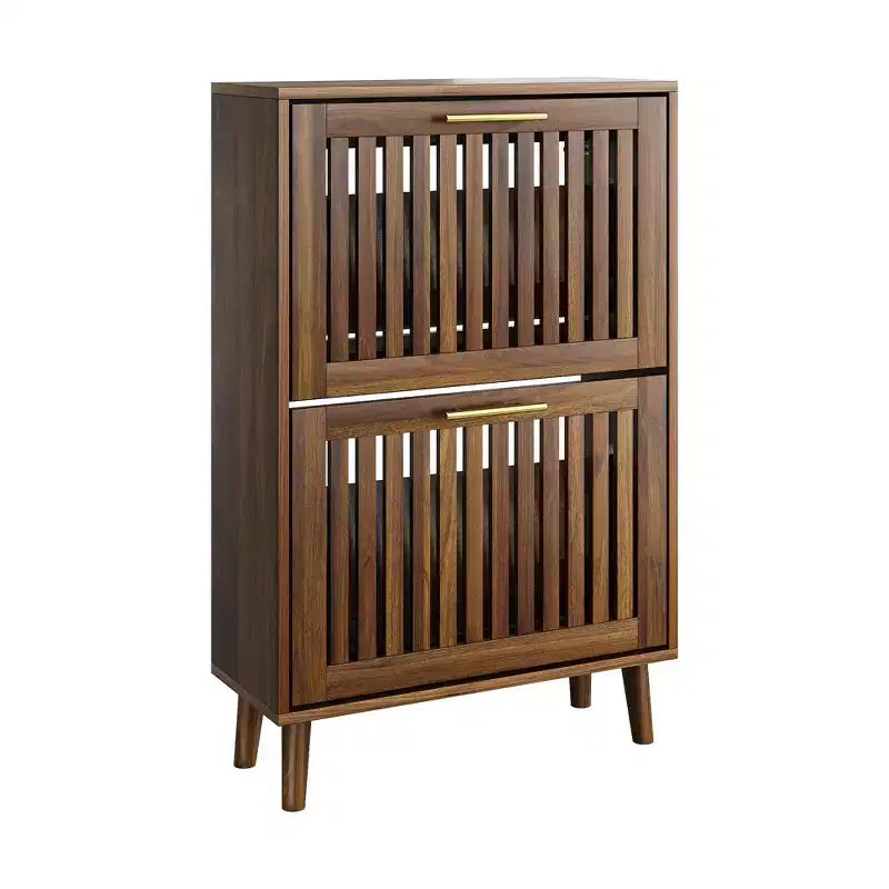 GDFStudio Alaric Modern Wooden Fence Shoe Cabinet with 2 Flip Drawers