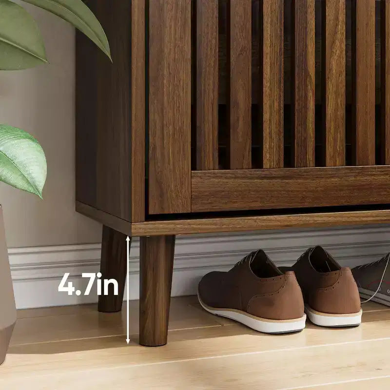 GDFStudio Alaric Modern Wooden Fence Shoe Cabinet with 2 Flip Drawers