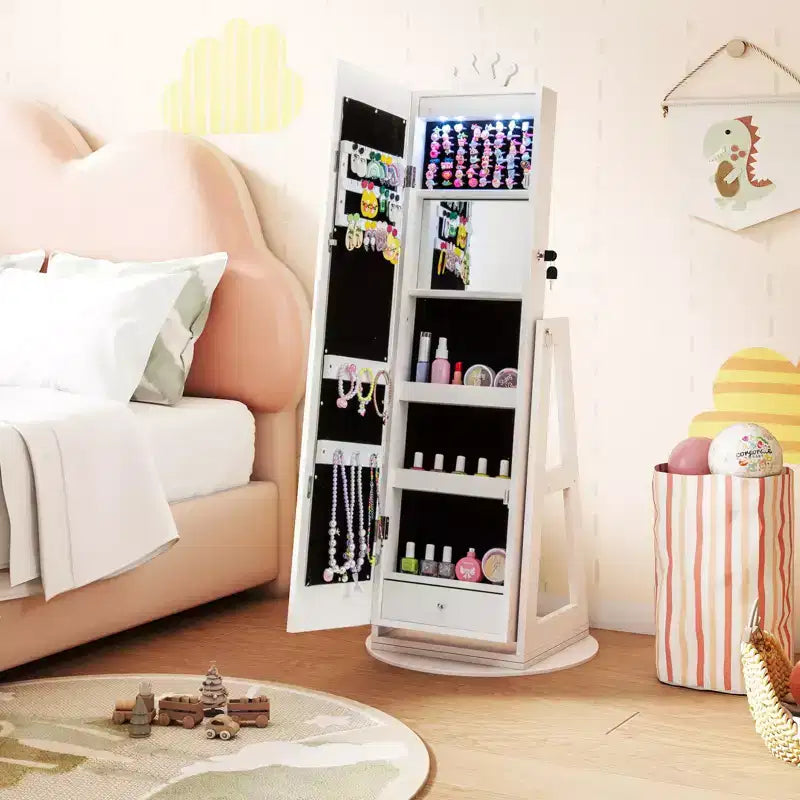 Costway Swivel Kids Jewelry Cabinet w/ Lights Full-Length Mirror & Built-in Mirror