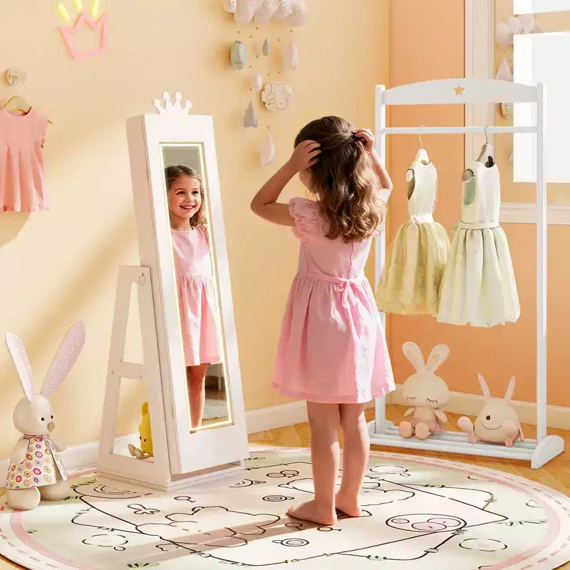Costway Swivel Kids Jewelry Cabinet w/ Lights Full-Length Mirror & Built-in Mirror