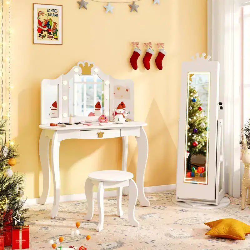 Costway Swivel Kids Jewelry Cabinet w/ Lights Full-Length Mirror & Built-in Mirror