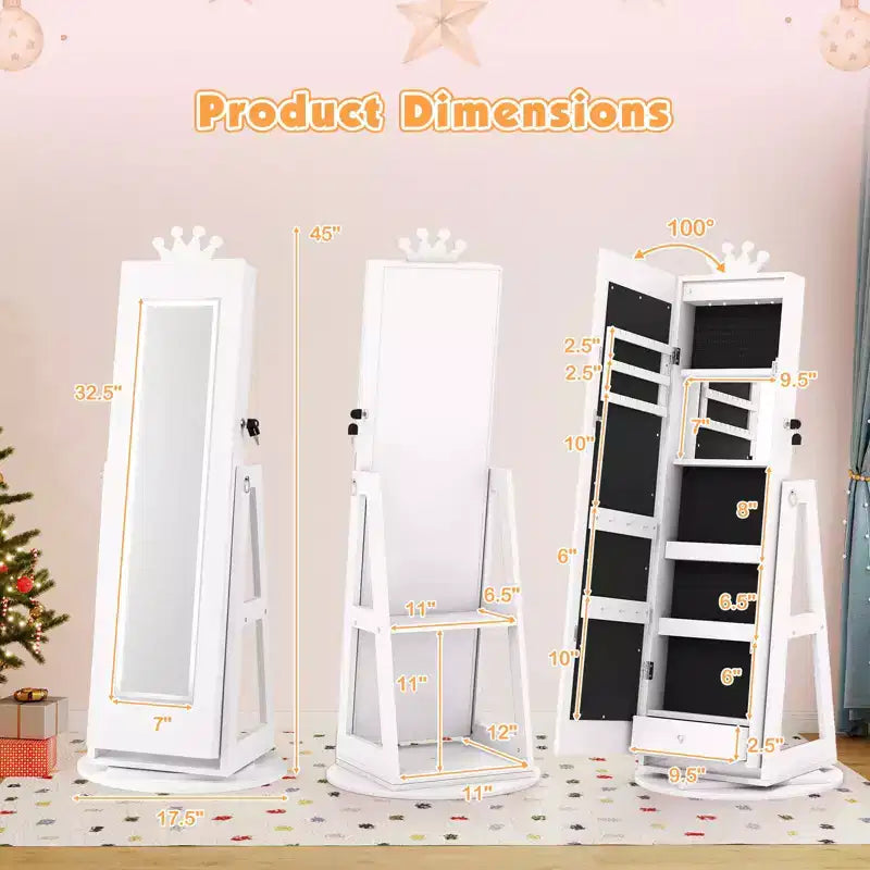 Costway Swivel Kids Jewelry Cabinet w/ Lights Full-Length Mirror & Built-in Mirror