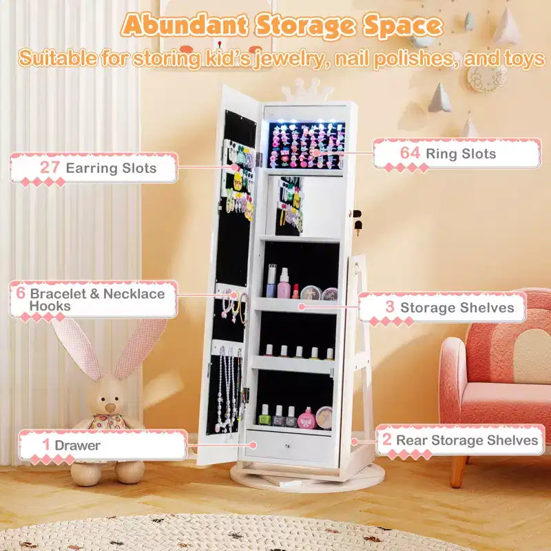 Costway Swivel Kids Jewelry Cabinet w/ Lights Full-Length Mirror & Built-in Mirror