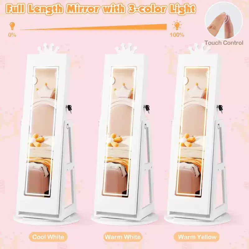 Costway Swivel Kids Jewelry Cabinet w/ Lights Full-Length Mirror & Built-in Mirror