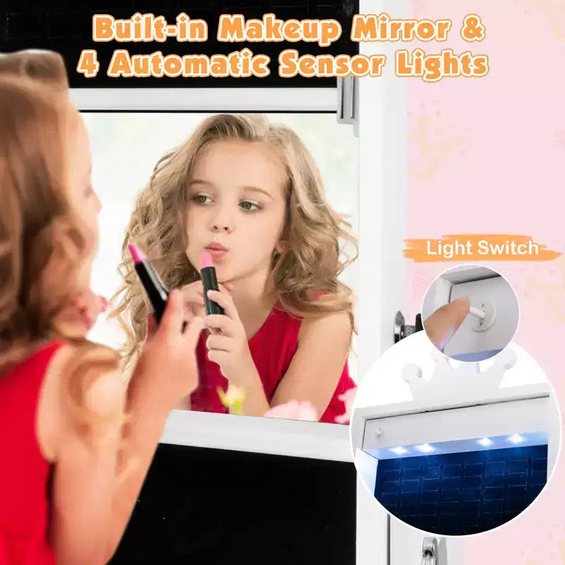 Costway Swivel Kids Jewelry Cabinet w/ Lights Full-Length Mirror & Built-in Mirror