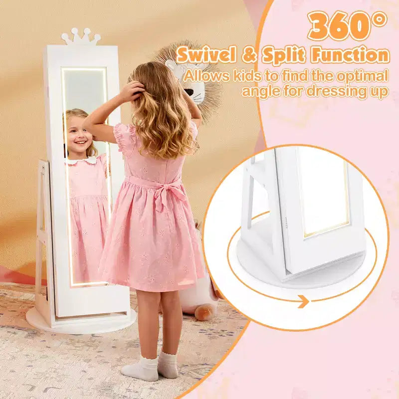 Costway Swivel Kids Jewelry Cabinet w/ Lights Full-Length Mirror & Built-in Mirror