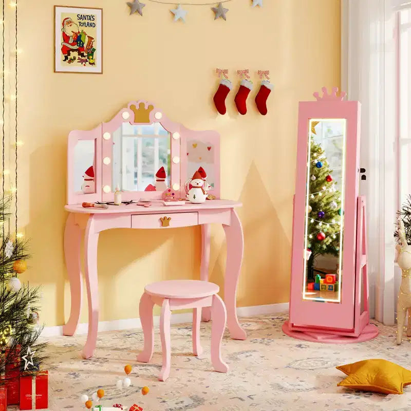 Costway Swivel Kids Jewelry Cabinet w/ Lights Full-Length Mirror & Built-in Mirror